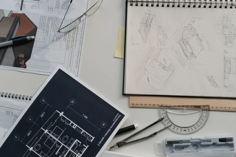 Plans de jardin, lunettes, equerre et compas sur la table de travail d'Aurelia Boulland.